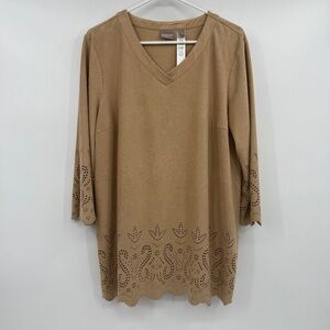 Chicos Top Women XL Tan Faux Suede Long Sleeve Perforated Peasant Hippie V Neck